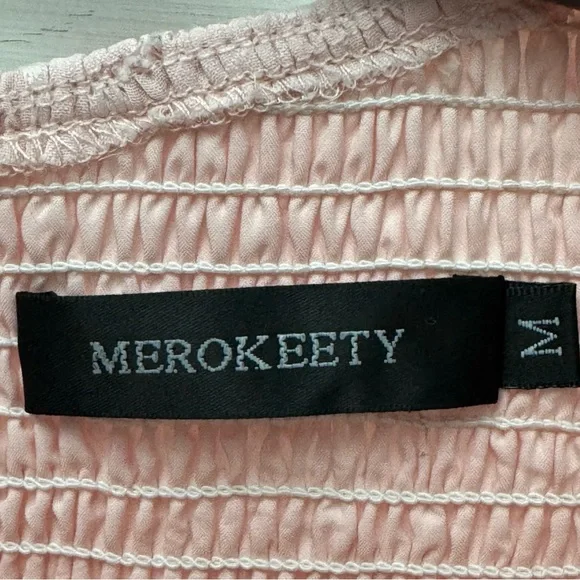 Merokeety Pink Smocked Midi Dress M Cottagecore Puff Sleeve Tiered - Picture 10 of 13